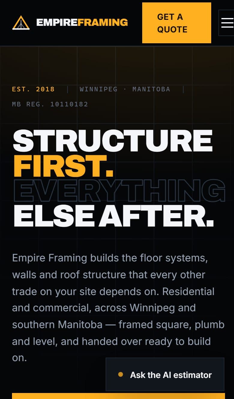 Empire Framing Inc. website on a phone