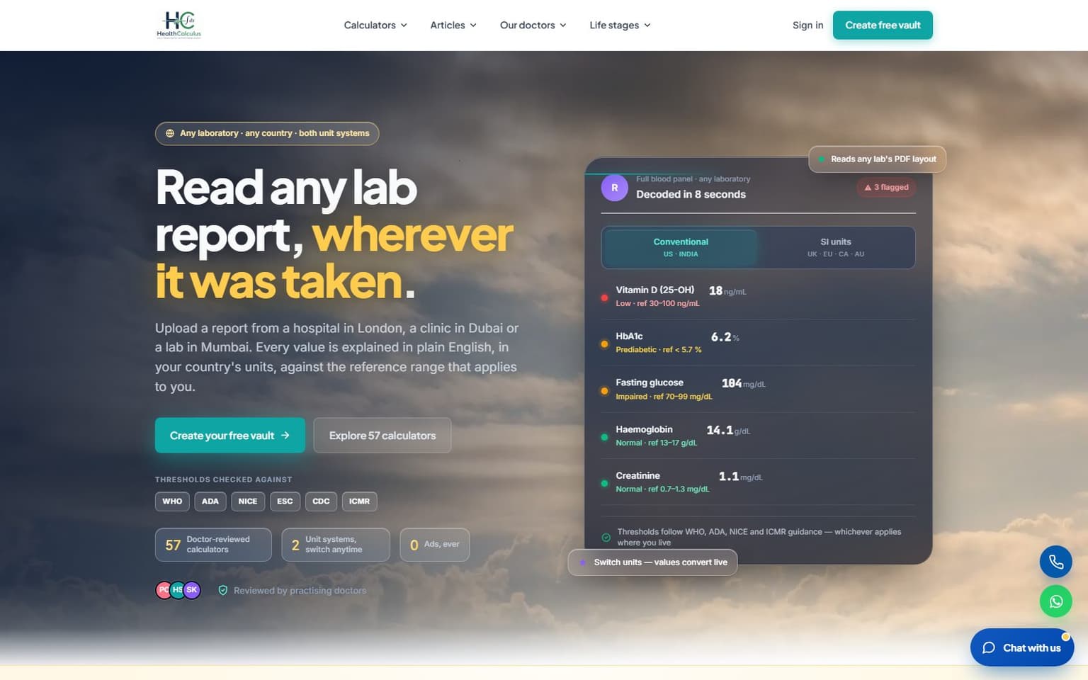 HealthCalculus website, desktop screenshot