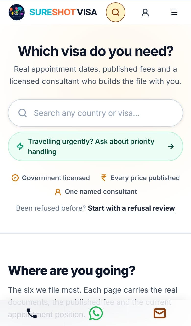 SureshotVisa (Pro Lifeset Overseas Pvt Ltd) website on a phone