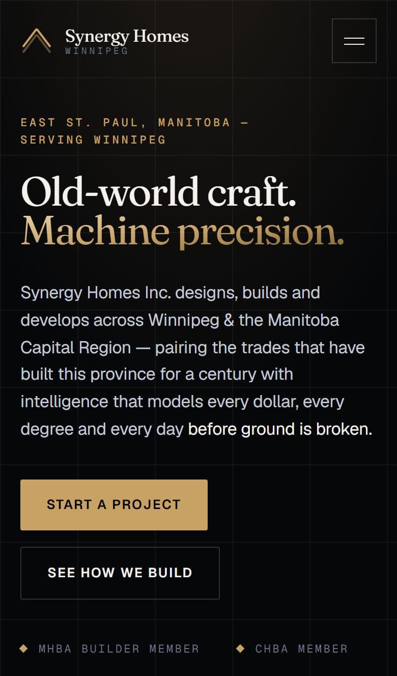 Synergy Homes Inc. website on a phone