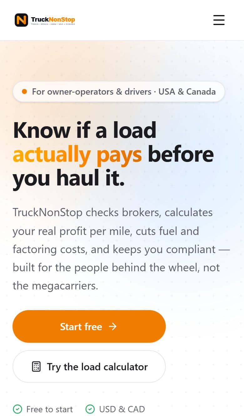 TruckNonStop website on a phone