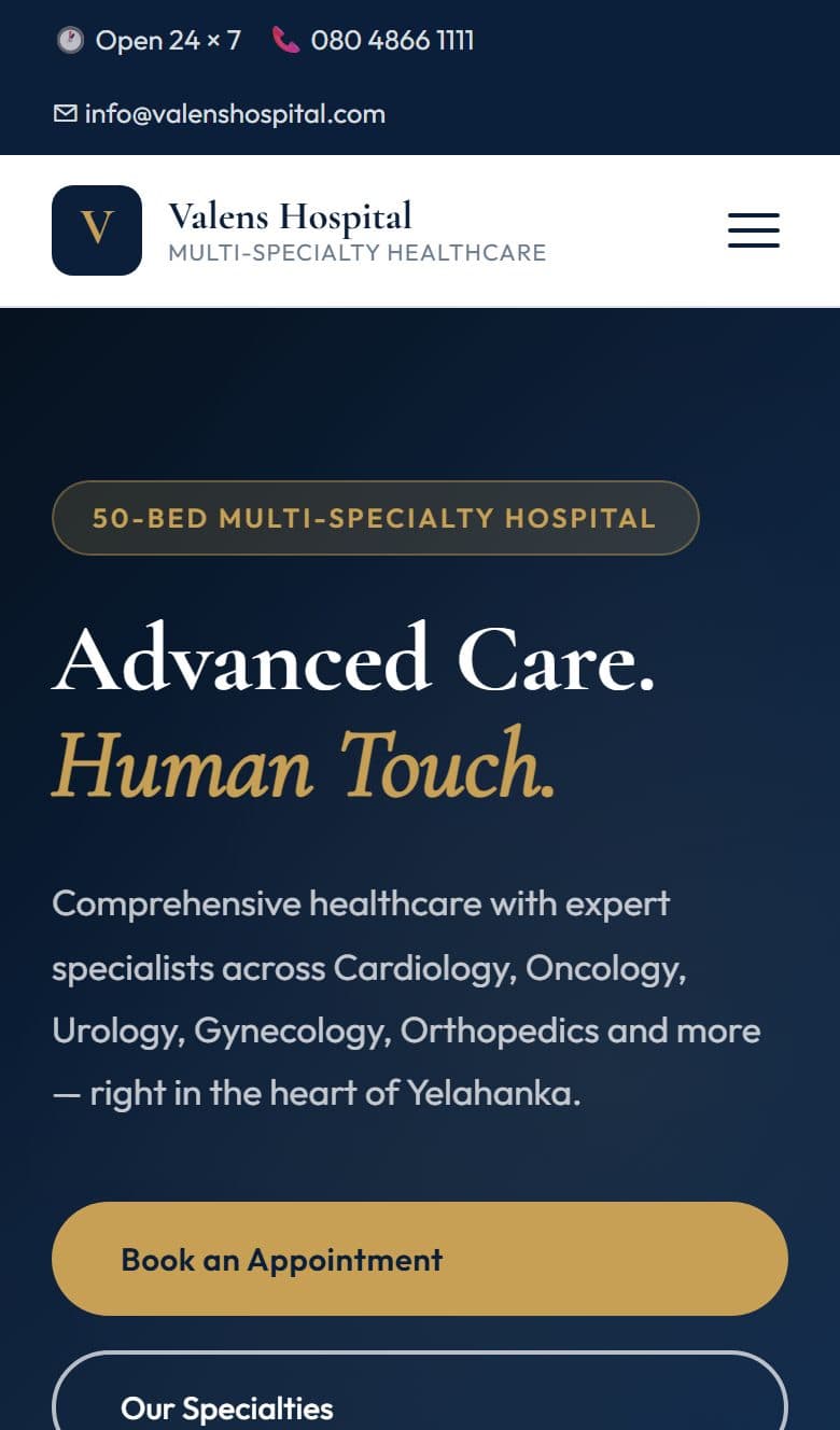Valens Hospital website on a phone