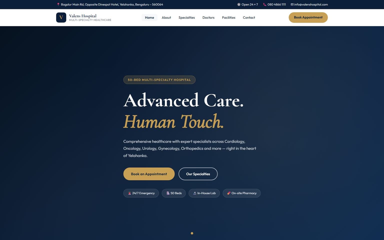 Valens Hospital website, desktop screenshot